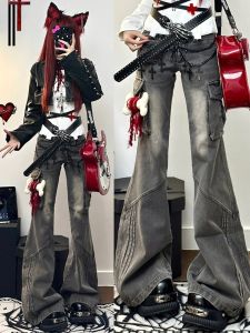 Y2k Millennium Low Waistผู้หญิง Subculture American High Street ดีไซน์ Feeling Hoofed Water Wash เดนิม กางเกงยีนส์
