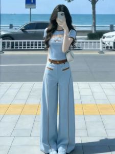 XUECAIQI | Summer Korean Style American Color Block Printed Round Neck Short Sleeve Tshirt Wide Leg Pants Outfit Set