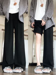 High Waist Wide Leg Pants Womens Casual Style Korean Fashion Elastic Waist Polyester Fiber Anti-Pilling Black  Silk