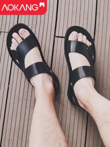 Aokang Mens Sandals Casual Leather Beach Shoes Soft Bottom Two-Way Summer Slippers Trendy Ins Style Youth And Middle-Aged Suitable