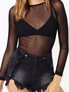 Black Fully Transparent Base Shirt See-through Thin Mesh Shirt over Stretch Yarn Womens Clothing
