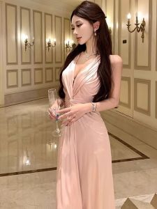 Elegant Folded V-neck Backless Dress Slimming Waistline A-line Gown for Women Polyester Fabric Casual Occasion Wear