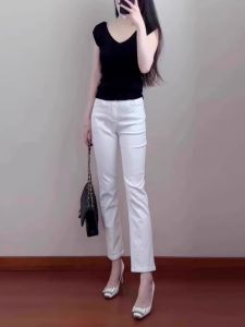 White Summer Thin Straight Leg Jeans High Waist Slimming Womens Fashion Casual High Waist Tube Pants Cotton Polyester Blend