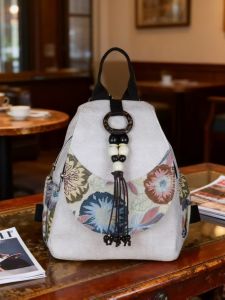 Handmade Light Weight Floral Womens Backpack Ethnic Style Casual Embroidery Double Shoulder Bag Business OL Canvas Bag for Middle Age