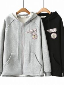 ฤดูหนาว หนาขึ้น ผ้าขนแกะ ซิป ตัวอักษร งานปัก เสื้อสเว็ตเชิ้ต เปิด คาร์ดิเกน หลวม พรางหุ่น แขนยาว พลัสไซส์ แจ๊กเก็ต