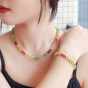 SEQUITO Noble Women Gold Plated Bracelet Necklace Jewelry Set Pave Setting Colorful Heart AAAAA CZ Zirconia Classy Prom Party Jewellery SJ402