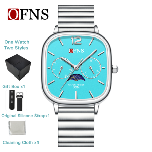 OFNS Moonphase Square Watch 50M Waterproof Quartz Watch for Men Women Students Teens Adults Couple Gift Set with Black Gift Box & Extra Silicone Strap 12 Colors Optional