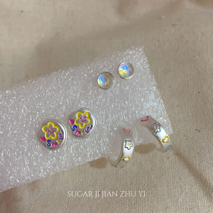 SUGAR Colorful Graffiti Bear Earring Set for Women Sweet Cute Commute Fashion Jewelry Alloy Plated Silver Gold Floral Pattern