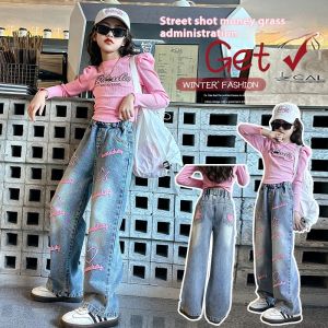 Jeans for Kids Girls New Style 2024 Trendy Wide Leg Loose Pants for Teens Girls 7-16 Years Fashion Casual Denim Pants Aesthetic Baggy Pants Korean Elasticated High Waist Pants
