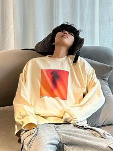 Heavyweight Pure Cotton Apricot Long Sleeve Mens T-shirt Spring Autumn American High Street Pattern Print Trendy Brand Top Ins