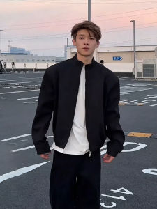 Cleanfit Black Shoulder Pad Mens Suit Jacket Fall Commute Style American Stand Collar Baseball Vest Loose Fit Casual Jacket