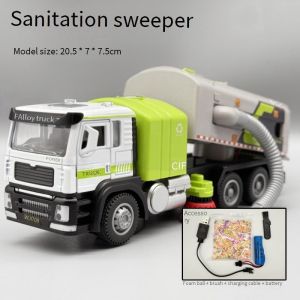 1: 50 Electric Sweeper Alloy Watering Truck Diecast Model Miniature Toys Car Doors Opened Sound Light Vehices for Children Gifts