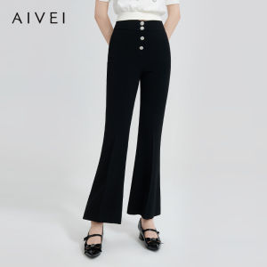 Aivei High Waist Slimming Long Pants Spring Commute Work Style Micro Flared Casual Pants for Women Polyester Fiber