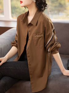 เสื้อเชิ้ตแขนยาวทรงหลวมสไตล์เกาหลีสำหรับผู้หญิง ฤดูใบไม้ผลิและฤดูใบไม้ร่วง 2025 ใหม่ เสื้อเชิ้ตทรงยาวปานกลางสวยงาม ปกโปโล กระดุมหลายตัว