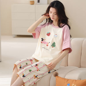 miiow | Pure Cotton Summer Sleepwear Short Sleeve Thin Model With Chest Pad Seven Pants Outdoor Wearable Home Clothes For Young Women