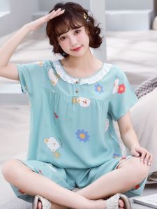 Short Sleeve Poplin Pajamas Womens Summer Thin Printed Two-Piece Suit Suit Outwear Artificial Cotton Cute Cotton Silk Home Clothing