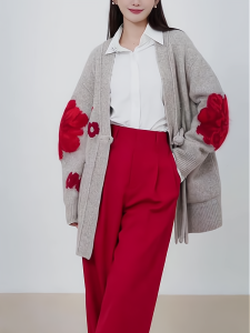 Elegant Chinese Style Knitted Open Cardigan Sweater Womens Loose Fit Flower Patterned Autumn Winter Casual Top Thickened V-Neck Long Sleeve