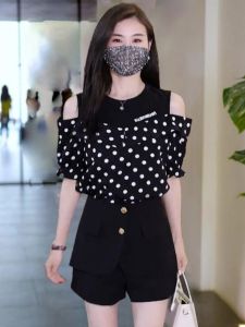 Fashionable Summer Print Halter Neck Short Sleeve Chiffon Blouse Elegant Polka Dot Plaid Top Womens Lace Shirt Trendy Outfit