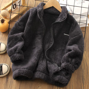 Warm Fleece Jacket for Boys Coral Fleece Zipper Closure Autumn Winter Clothes Childrens Thermal Zip Cardigan Medium And Large Children