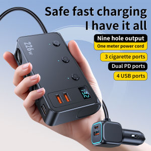 9 in 1 Cigarette Lighter Splitter 226W Car Charger Adapter with PD/QC 3.0  Charge 3.3FT Cable 12V/24V Independent Switches