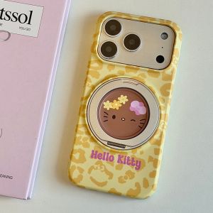 Sanrio | Magnetic Bracket Stand Leopard Print Black Skin Hello Kitty Case For iphone 17 16 15 Pro Max For Magsafe Shockproof Phone Cover