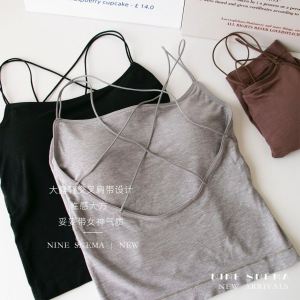 Cross Back เสื้อกั๊ก ผู้หญิง ฤดูร้อน เปิดหลัง ผ้าฝ้าย 100% Sensual สายคล้อง กระเป๋าสะพายข้าง เสื้อท่อนบน สวมใส่ด้านใน เสื้อชั้นนอก พร้อมแผ่นรองหน้าอก