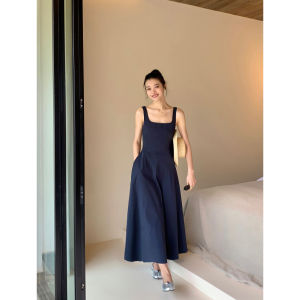 ชุดเดรสยาวแขนกุดสไตล์ Hepburn Pusumede สำหรับผู้หญิงในฤดูร้อน กระโปรงทรงเอเอวสูง ผ้าฝ้ายผสมโพลีเอสเตอร์และยางยืด