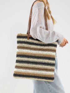 New Ins Rainbow Color Block Handwoven Straw Bag Casual Versatile Beach Vacation Shoulder Bag Korean Style Large Size Tote Bag