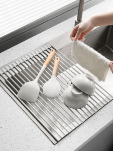 ชั้นวางของครัวผ้าขนหนูซิลิโคนแบบพับได้ ตู้เก็บของในช่องดrainboard ชั้นวางของในช่องดrainboard วัสดุเหล็กไม่สนิม ชั้นวางของแบบไม่ต้องเจาะ