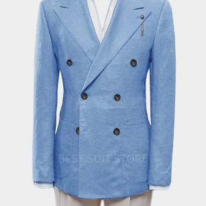 Summer White/Blue Slim Fit Mens Linen Blazer Casual Party Prom Peak Lapel Coat Spring Formal Wear Linen Suit Jacket Outwear