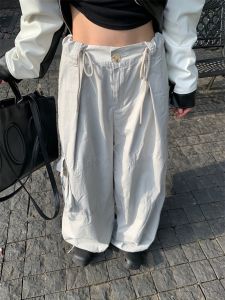 งานอเมริกันย้อนยุค กางเกง สูง เอว กระเป๋าหลายช่องขากว้าง เชือกรูด หลวม บุคลิกภาพ สตรีทสไตล์ ผู้เดินทาง ลำลอง กางเกงขายาว