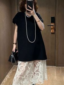 Thanh Lịch Phong Cách Pháp Ren Đầm Bộ Nữ Mùa Hè Mới Cỡ Lớn Rộng Rãi Cotton Vải Bông Polyester Phối Kiểu Công Chúa Hình Chữ H Midi Đầm