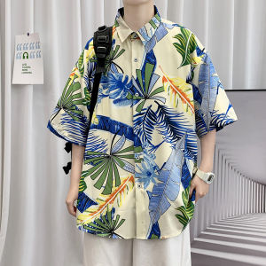 American Stripes Shirt Mens Summer Fancy Shirt Student Casual Loose and Handsome Beach Ice Silk Coat