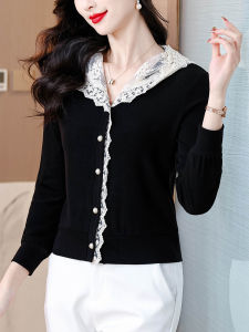 French Fashion Lace Splice Long Sleeve T-Shirt Womens Autumn New Elegant Casual Open Cardigan Top Polyester Knitted Spring
