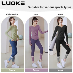 Luoke sport shirt for women New Running Sports Fitness Breathable Quick Dry Tight Womens Solid V-Neck Pullover Long Sleeve Yoga Top