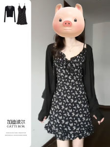 Korean Style Floral Print Mini Dress Womens Black Lace Trim Halter Neck Short Skirt Two Piece Set Autumn New Arrival