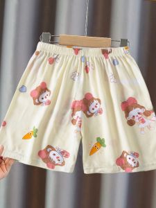 Girls Cotton Silk Short Pants Summer Home Clothes Baby Girls Breathable Lightweight Cartoon Print Sleepwear No-Crotch Design