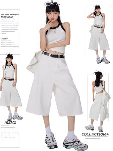 MZVZ | Summer American Vintage Style White Flared Seven-Eighths Pants