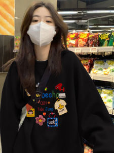 Black Pure Cotton round Neck Sweatshirt Womens Loose Oversize Spring Autumn American Style Jacket No Cap Printed Design