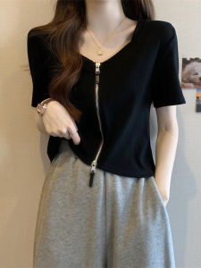 Slimming Cover Belly Short Sleeve Zippered Top Women Blouse
