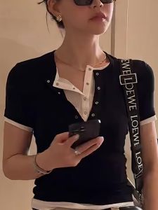 Slimming Short Sleeve Commute Fashion Simple Match High Design Sense Fake Two-Piece Korean Style Summer New Arrival Womens Top