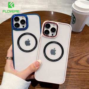 FLOVEME Magnetic Transparent Phone Case For iPhone 15 14 13 12 11 Pro Max 14 Plus Plating Lens Frame Acrylic Clear Shockproof Back Cover For iPhone 15 14 13 12 11