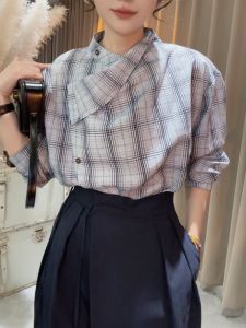 WANGGONGZHU | French Style Plaid Long Sleeve Shirt Women Autumn New Loose Slimming Vintage Fashion Top Asymmetrical Stand Collar Button Up