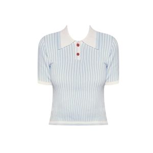 YUEZHONGWEI | Slim Fit Short Sleeve Polo Neck T-Shirt Women Summer Blue Stripes American College Style Top Korean Version Commute Style Print