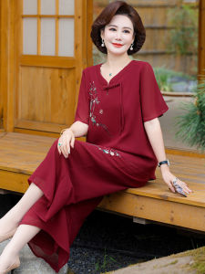 Mothers Day Special New Chinese Style Summer Shanzhai Grandma Wedding Dinner Short Sleeve T-Shirt Top And Skirt Set for Women