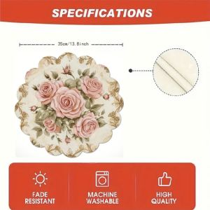 VIKAMA Vintage Pink Rose Placemat Beige Background Gold Scroll Border Wavy Edge Elegant Floral Table Mat Dining Decor Retro Soft