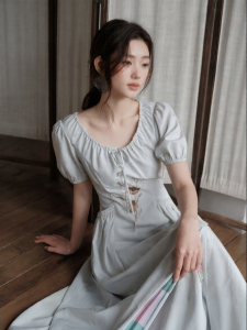 JK＆JS | Elegant Blue Bubble Sleeve Dress Chinese Style Brocade Cotton