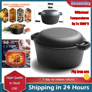 2-In-1 Cast Iron Dutch Oven With Skillet Lid - Dual Handle Cookware Set For Baking Bread Roasting Frying & Camping