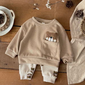 2Pcs/set Autumn New Baby Clothing Infant Suits Cute Bear Towel Embroidery Top+Cartoon Bear Full Print Pants Newborn Boys Girls