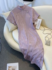 ชุดกี่เพ้าสีม่วงสไตล์ย้อนยุคสำหรับผู้หญิงวัยรุ่น ฤดูร้อน 2025 ชุดเดรสจีนใหม่แบบปรับปรุงใหม่ ผ้าฝ้ายผสมคอตตอน